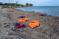 Lifejackets left by refugees on the shore of Lesvos