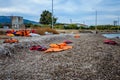 Lifejackets left by refugees on the shore of Lesvos