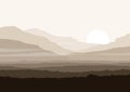 Lifeless landscape with huge mountains over sun.