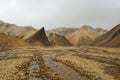 Lifeless orange rocks and a river during the sand storm, Iceland