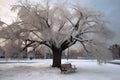 lifeless tree propped up near a park bench in winter