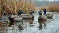 Lifelike duck decoys floating in calm wetland environment Royalty Free Stock Photo