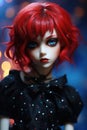 lifelike figurine doll with bright vivid red hair and radiant blue eyes - generative AI