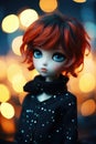 lifelike figurine doll with bright vivid red hair and radiant blue eyes - generative AI