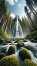 a lifelike image of a river cascade, with water splashing over moss-covered rocks. Generative Royalty Free Stock Photo