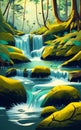 a lifelike image of a river cascade, with water splashing over moss-covered rocks. Generative Royalty Free Stock Photo