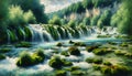 a lifelike image of a river cascade, with water splashing over moss-covered rocks. impressionism painting, Generative Royalty Free Stock Photo