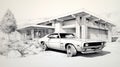 Lifelike Renderings Of An Old Muscle Car In Front Of A House