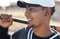 Lifes better at the ballpark. a young man holding his bat at a baseball game.