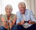 Lifes better in 2 player. a senior couple playing video games.