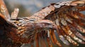 A lifesized sculpture of a majestic eagle in flight made from reclaimed metal scraps