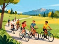 Diverse group of friends enjoys a sunny day cycling through a picturesque countryside landscape Royalty Free Stock Photo