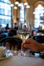 Lifestyle of beautiful Vienna, glass of white dry Austrian wine served in old Viennese-style cafe in Vienna, Austria