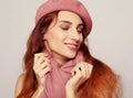 Lifestyle, beauty and people concept: Beauty redhair girl wearing pink beret