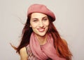 Lifestyle, beauty and people concept: Beauty redhair girl  wearing pink beret Royalty Free Stock Photo