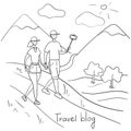 Lifestyle bloggers travel and vlog on camera. Travel blogger tells his followers about trip. Young couple walking in