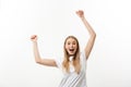 Lifestyle Concept: Portrait of happy blond surprised young woman on white background. Royalty Free Stock Photo