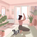 fitness dog woman sport home cartoon lifestyle body yoga training exercising. Generative AI.