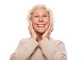 Lifestyle, emotion and people concept: Grey haired old nice beautiful laughing woman. Isolated over vwhite background Royalty Free Stock Photo