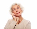 Lifestyle, emotion  and people concept: Grey haired old nice beautiful laughing woman. Isolated over vwhite  background Royalty Free Stock Photo