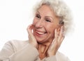 Lifestyle, emotion and people concept: Grey haired old nice beautiful laughing woman. Isolated over vwhite background Royalty Free Stock Photo