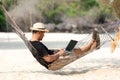 Lifestyle freelance man relax and sleeping on the hammock after using laptop working and relax on the beach. Royalty Free Stock Photo