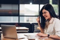 Lifestyle freelance working woman and laptop computer he glad on the job Royalty Free Stock Photo