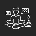 Lifestyle guru chalk white icon on black background. Person in meditation pose getting likes. Harmony and stress relief Royalty Free Stock Photo