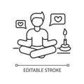 Lifestyle guru pixel perfect linear icon. Person in meditation pose getting likes. Stress relief. Thin line customizable Royalty Free Stock Photo