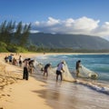 lifestyle Hukilau hawaii line of people hauling fish net from sea Royalty Free Stock Photo