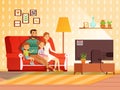 Lifestyle of modern family. Mother, father and children watching tv
