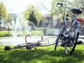 lifestyle people concept: couple of bicycle on green grass in su Royalty Free Stock Photo