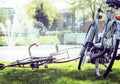 lifestyle people concept: couple of bicycle on green grass in su Royalty Free Stock Photo