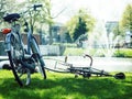 lifestyle people concept: couple of bicycle on green grass in su Royalty Free Stock Photo