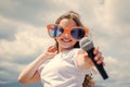 Lifestyle and People Concept. make your voice louder. teen girl singing song with microphone. having a party. Happy kid Royalty Free Stock Photo