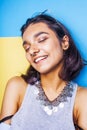 Lifestyle people concept. young pretty smiling indian girl with long nails wearing lot of jewelry rings, asian summer Royalty Free Stock Photo