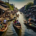 lifestyle photo bangkok river congested with boats Royalty Free Stock Photo