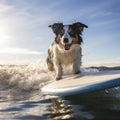 lifestyle photo dog riding surfboard on small wave - AI MidJourney