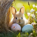 lifestyle photo easter bunnie hiding eggs Royalty Free Stock Photo