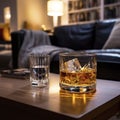 lifestyle photo glass of whisky on table in home den - AI MidJourney