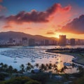 lifestyle photo honolulu sunset looking from Magic island from high altitude Royalty Free Stock Photo