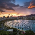 lifestyle photo honolulu sunset looking from Magic island from high altitude Royalty Free Stock Photo