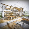 lifestyle photo house interior architectural drawing Royalty Free Stock Photo