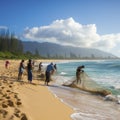 lifestyle photo Hukilau hawaii line of people hauling fish net from sea - AI MidJourney