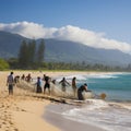 lifestyle photo Hukilau hawaii line of people hauling fish net from sea - AI MidJourney Royalty Free Stock Photo