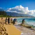 lifestyle photo Hukilau hawaii line of people hauling net Royalty Free Stock Photo