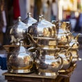 lifestyle photo iran stack of copper kettles outside shop Royalty Free Stock Photo