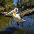 lifestyle photo pelican flying close to boat Royalty Free Stock Photo