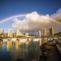 lifestyle photo rainbow over honolulu on oahu - AI MidJourney Royalty Free Stock Photo