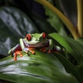 lifestyle photo small green frog with red eyes - AI MidJourney